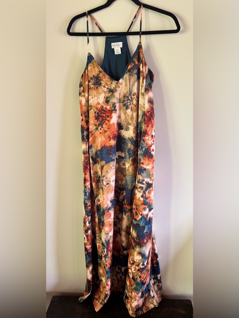 Nicole Miller Floral Satin Maxi Dress in Navy, Coral, Cream